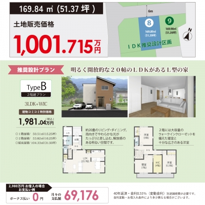 『8号地Bプラン：推奨プランご紹介』かりがね公園近く!通勤･通学に便利なエリアに新規分譲地発売!