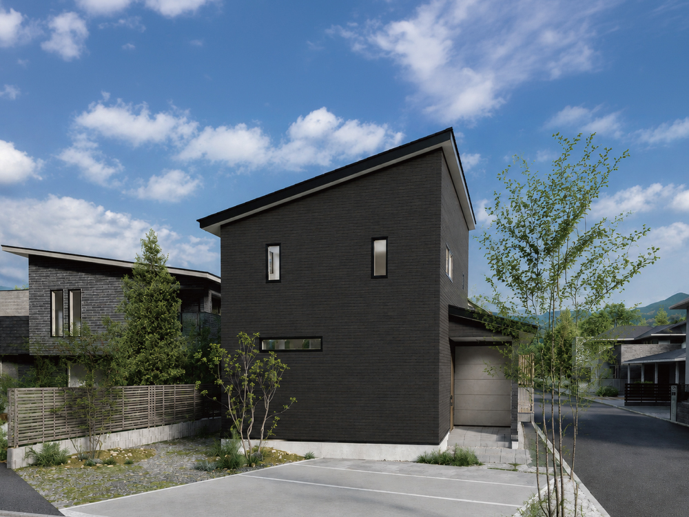 富士宮市小泉3号地モデルハウスダークグレー外壁の2階建て外観